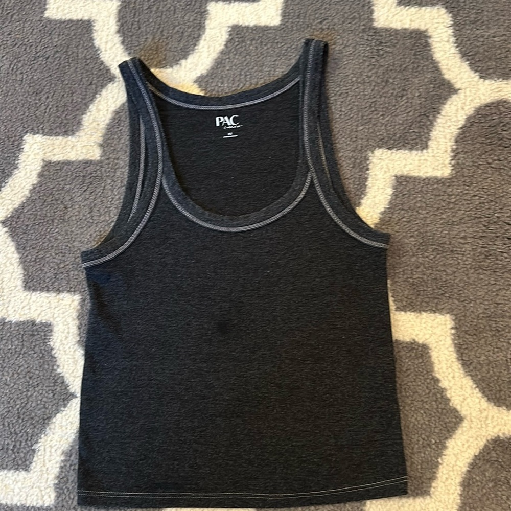 Black/gray tank top with white stitching. Pacsun size xs and slightly ribbed.